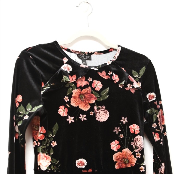 Like new Topshop Petite Velvet Floral print long sleeve mini dress Size US 6 - Picture 2 of 5